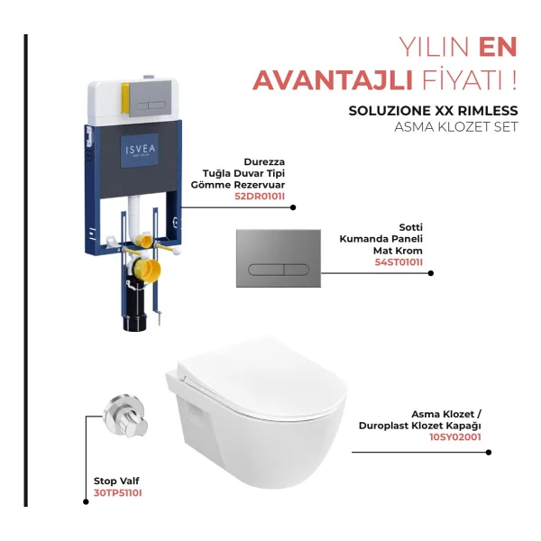 Isvea Soluzione Xx Kanalsız Asma Klozet ve Gömme Rezervuar 5 Li Set - Beyaz
