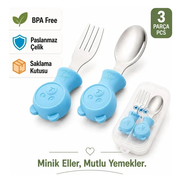 Jojobebek Ayıcık Figürlü Premium Çocuk Bpa'sız Silikon Saplı Paslanmaz Çelik Uçlu Çatal-Kaşık/saklama Kutusu 9+Ay - Mavi