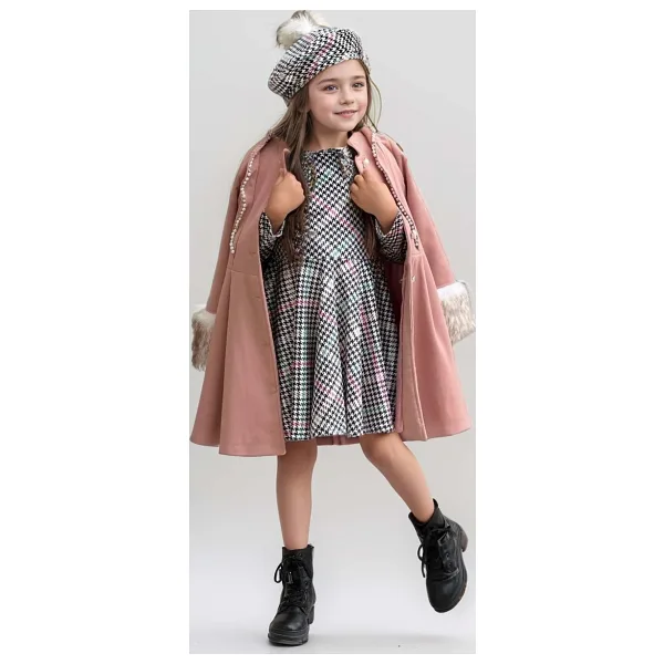 Kız Çocuk Kazayağı Desen Elbise Kolları Peluş ve Omuzları İnci İşleme Kemerli Pembe Kaşe Kaban