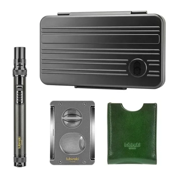 Lubinski Special Edt. Aluminyum Slim Puro Taşıma Çantası Grey Çakmak+V-Cut Kesici/Delici Set