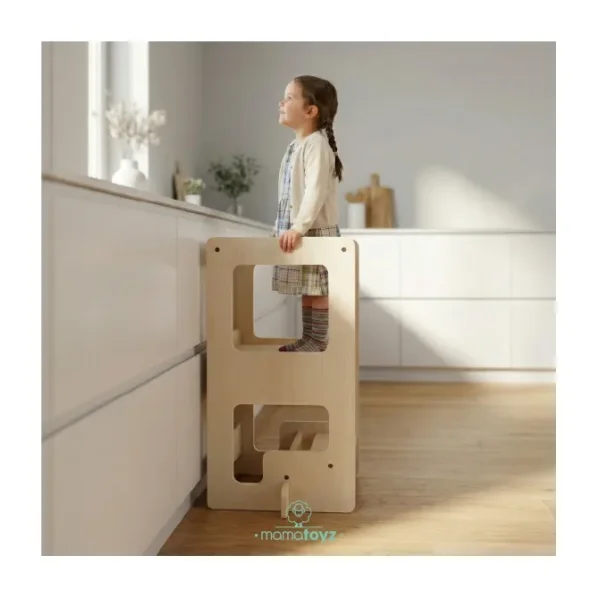 Mamatoyz Öğrenme Kulesi Flip Natural 3'ü 1 Arada & Aktivite Masası & Yazı Tahtası - Doğal Ahşap cilalı Banyo ve mutfak Yükselticisi - Naturel Ahşap