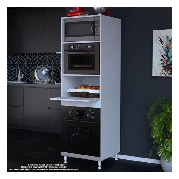 Modilayn ELİT SİLVA 59,6 x 192,2 x 56cm Ankastre Fırın 1 Kapaklı Ekmeklikli 3 Geniş Derin Göz Dolap