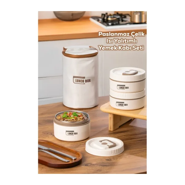 Porsima 3112 Isı Yalıtımlı Çanta 3 Parça Vakumlu Yemek Termosu Beslenme Kutusu Lunch Box Sefer Tası - Krem