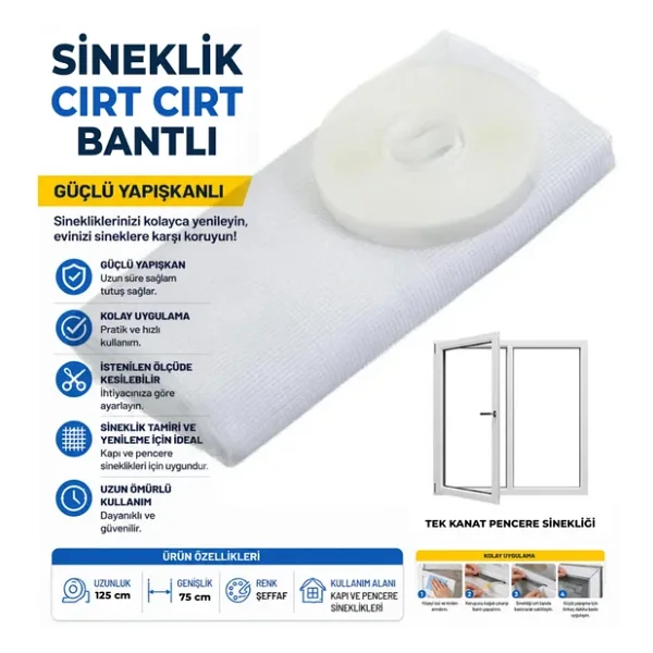 Pratik Cırt Bantlı Pencere Sinekliği 75X125 Cm Deliksiz Montaj Tek Kanat Beyaz Sineklik