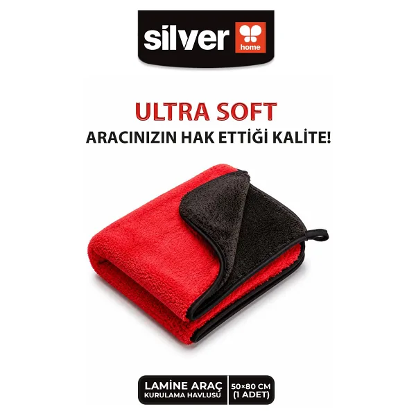 SİLVER HOME Mikrofiber Süper Emici Ekstra Kalın Ekstra Büyük Boy Kırmızı-Siyah Lamine Araç Kurulama Havlusu