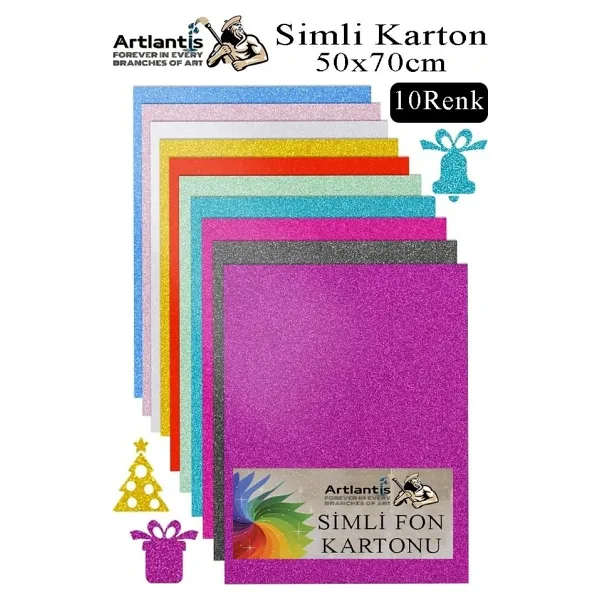 Simli Karton 50X70 Cm 10 Renk 1 Paket 10 Lu Simli Karton Parıltılı Kağıt Anasınıfı Kreş Etkinlik Proje Dekoratif