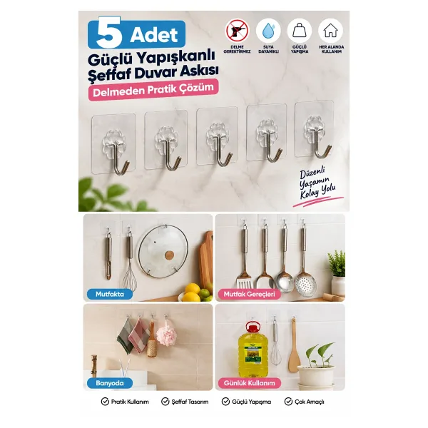 tafce 5 Adet Güçlü Yapışkanlı Şeffaf Duvar Askısı Suya Dayanıklı Banyo Mutfak Düzenleyici Pratik Askılık