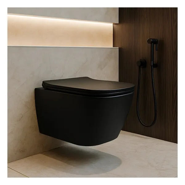 Turavit Luna Kanalsız Mat Siyah Asma Klozet LN5610S, Luna Mat Siyah Duroplast Yavaş Kapak