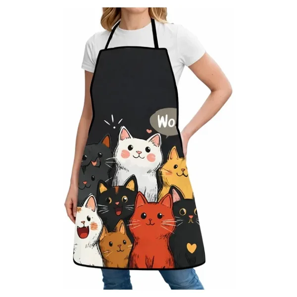 Valkyrie Kedi Desenli Mutfak Önlüğü Cepli Ayarlanabilir Askılı Unisex Mutfak Temizlik Önlüğü Siyah