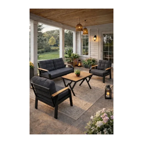Ard & Garden Kavacık 2+1+1 Masalı Gri Bahçe Oturma Takımı Balkon, Teras, Veranda, Minderli Metal Koltuk Takımı