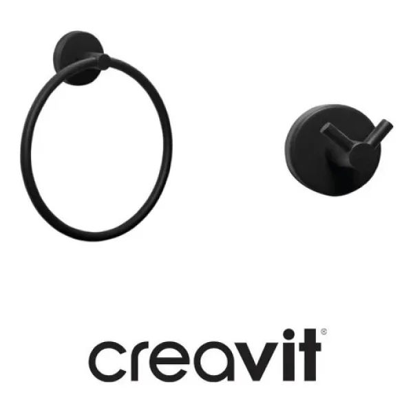 Creavit Drop Banyo Aksesuar Seti Yuvarlak Havluluk-İkili Bornozluk-Siyah