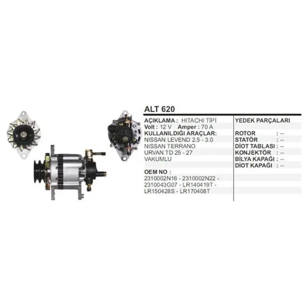Dodo Alternatör 12V 70 A.nıssan Levend 2.5-3000 Bmc Vakumlu Hıtachı Tipi
