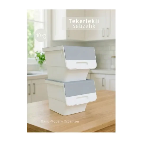 Jet's Home 2'li Patates Soğan Sepeti Beyaz-Gri Tekerlekli Kapaklı Havalandırmalı 24 Litre Sebzelik Organizer