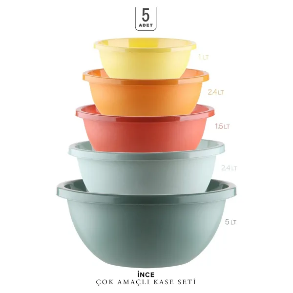 Kitchen Life 5'li Çok Amaçlı Neo Aura Yuvarlak Karıştırma Kasesi - (30+25+22+19+16,5cm) 5 Boy Badya Saklama Kabı