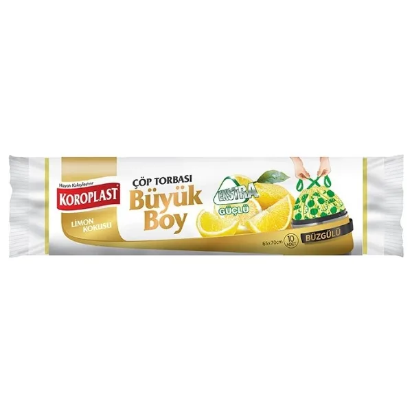 Koroplast Ekstra Güçlü Limon Kokulu Büzgülü Büyük Boy Çöp Poşeti 10'lu