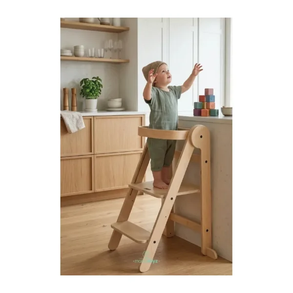 Mamatoyz Fold Natural Katlanır Öğrenme Kulesi - Katlanabilir Mutfak yardımcısı - Portatif Öğrenme Kulesi Natural Ahşap Rengi