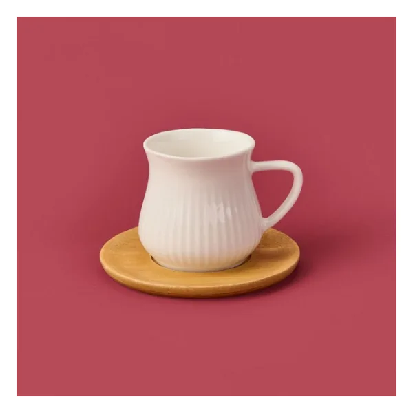 Mien Bambu Tabaklı Çizgili Fincan Seti - Açık Kahverengi / Beyaz - 100 ml - 6 Adet