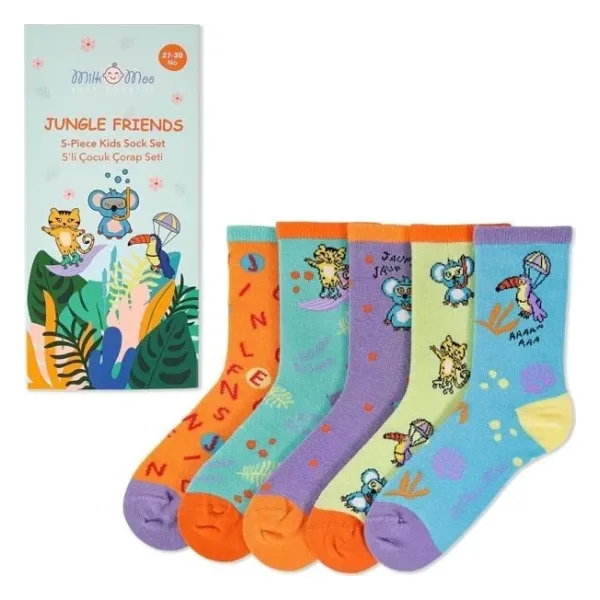 Milk&Moo Jungle Friends Çocuk Çorap Seti 5'Li, Beden 27-30, Yumuşak Ve Dayanıklı Kumaş