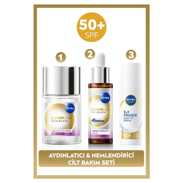 Nivea SUN SPF50 Primer Nemlendirici Makyaj Bazı 30ml, Luminous630 Skin Glow Cilt Serum 30ml ve Tonik 100ml