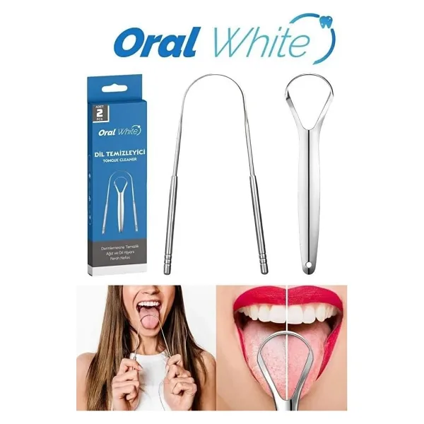 Oral White Paslanmaz Çelik Dil Temizleyici ve Dil Sıyırıcı, 2 Parça Set, Ağız Bakımı ve Kötü Nefes Önleyici