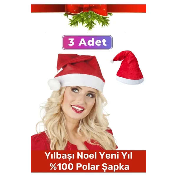 Özel Üretim Yıkanabilir Ucu Ponponlu Çocuk Yetişkin Yılbaşı Noel Baba %100 Polar Şapka 3 Adet