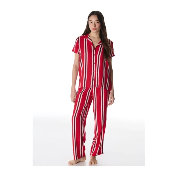Penti Kırmızı Fiona Gömlek Çizgili Kısa Kollu Pantolon Pijama Takımı