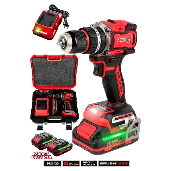 Assur 21V Pro Seri Kömürsüz Çift Akülü Metal Şanzıman LED Işıklı Taşıma Çantalı Şarjlı Darbeli Matkap