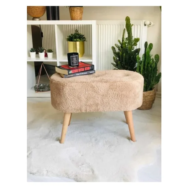 BEYLERBEYİ Gürgen Ahşap Ayak Welsoft Kumaş Oval Pufidik Puf Bench Tabure Sandalye Berjer Koltuk
