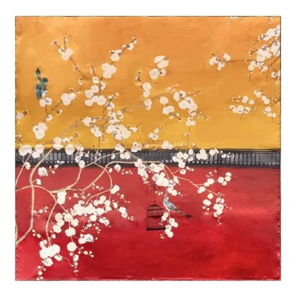 Bordo Sarı Lina Saf İpek Büyük Kare Eşarp 110x110 cm