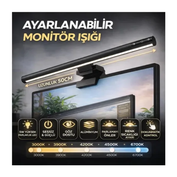 Coofbe Alüminyum 50CM Ayarlanabilir Led Monitör Işığı Lambası İ-Wok Kademeli Parlaklık Ayarlı PC Ekran Işığı