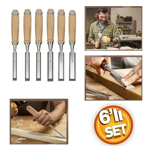 Depolife Ahşap Keski Seti 6lı Iskarpela Keskin Vanadiyum çelik Ahşap oyma Alet Takımı Ahşap Saplı Ergonomik Sarı