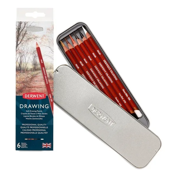 Derwent Drawing Metal Kutu 6'lı Yağlı Eskiz Kalem Seti