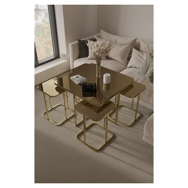 home plus mobilya 5'li Radüslü Gold Kaplama Bronz Aynalı Orta Sehpa & Zigon Sehpa & Yan Sehpa & Bohem Sehpa Takımı
