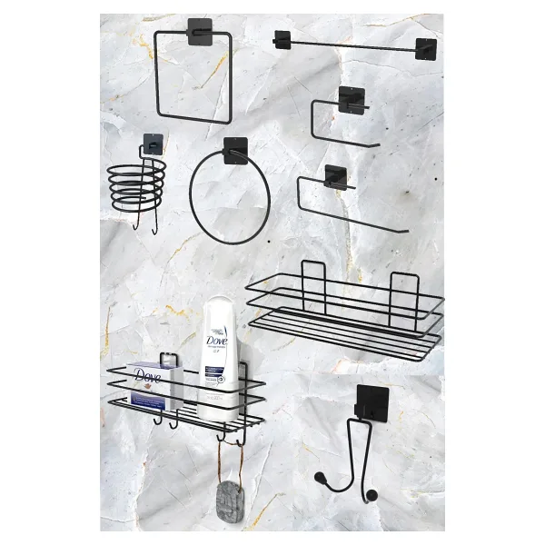 Karteya 9'lu Set Siyah Fön Makinesi Askısı Havluluk Wc/tuvalet Kağıtlık Rulo Havluluk Şampunanlık Banyo Set