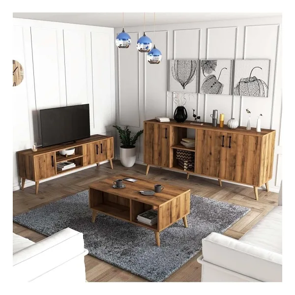 Mezza Exxen (ahşap Ayaklı) Tv Ünitesi - Orta Sehpa - Konsol Seti Hat Rengi Set 1582-2072-1622
