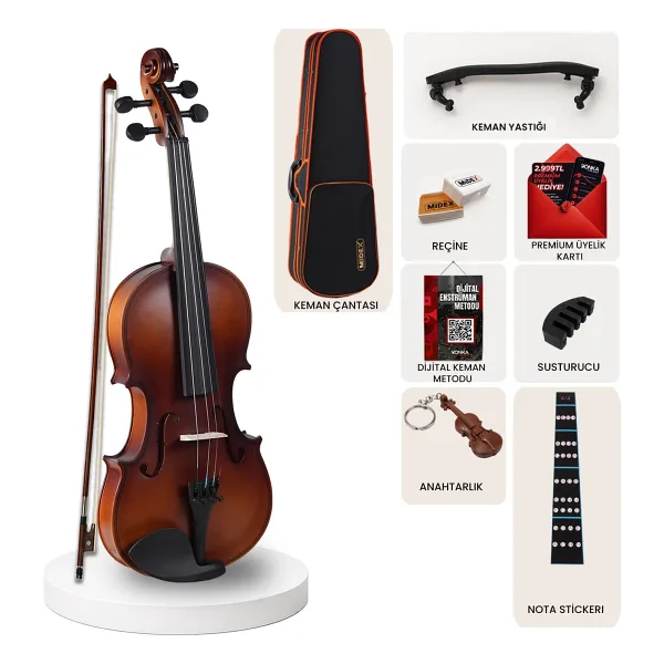 Midex LMA-544TYS 3/4 Profesyonel Keman 3/4 Çocuk Kemanı 10-13 Yaş (Yastık Susturucu Yedek Tel Çanta Yay Reçine Metod)