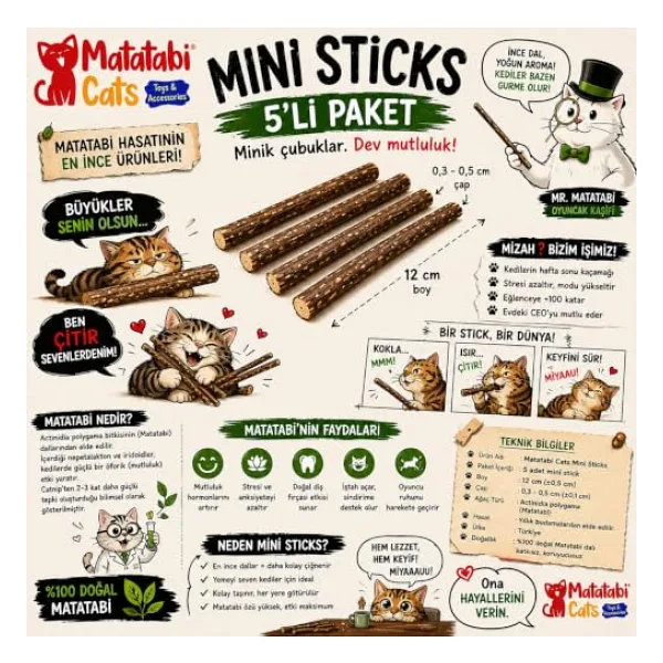Mini Sticks 5'li Doğal ince Matatabi çubuğu Kedi Oyuncağı İnce Çiğneme Çubuğu Kedi Diş Bakımı 12 cm