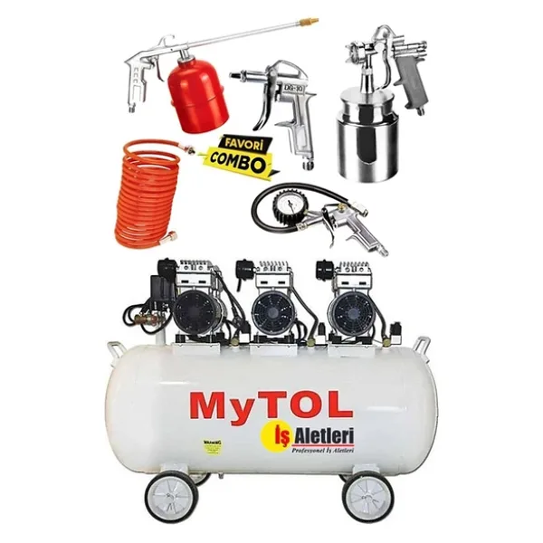 Mytol 100 Litre Sessiz Yağsız Hava Kompresörü 3,3 Hp Medikal Yağsız Kompresör Ve Havalı Alet Seti
