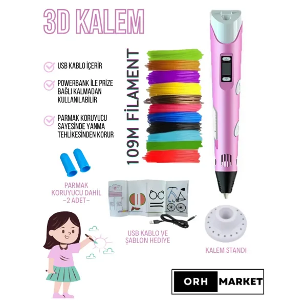ORH Market PEMBE 3d Kalem 3d Pen Yazıcı Kalem - Çok Renkli Pla Filament (TOPLAM 109M) Usb Kablo