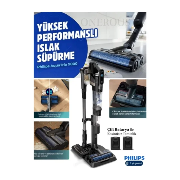 Philips 90 Dk Kesintisiz Temizlik Çift Bataryalı 9000 Serisi Aqua Trio Islak & Kuru ve Mop Özellikli Istasyonlu Dikey Süpürge - Antrasit - Gri