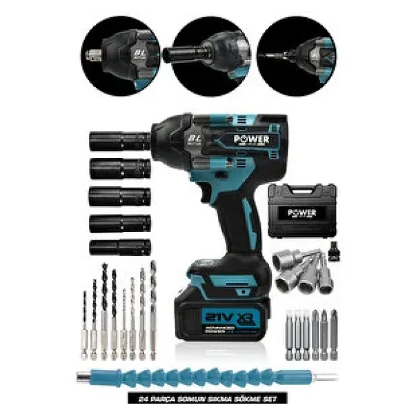 POWER BLACK 1100 Nm Bijon Sökme 24 Parça Çift Akülü