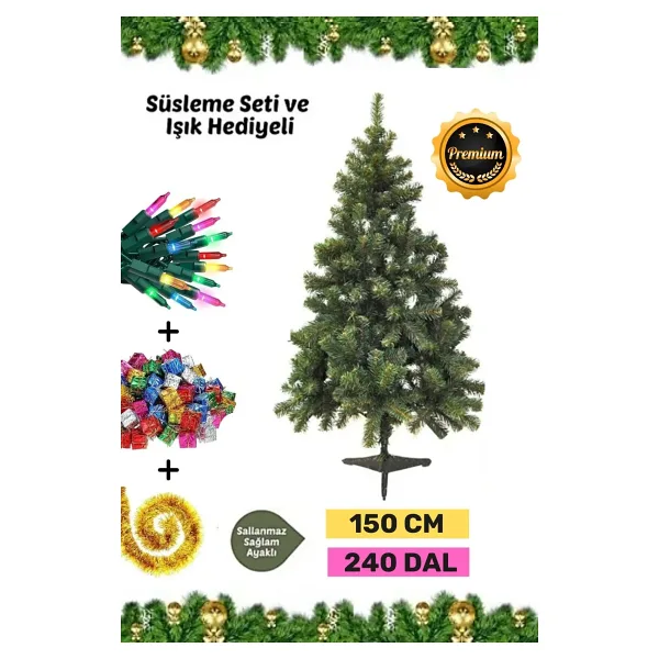 Premium Kutu Süsleme Seti Yılbaşı Çam Ağacı Renkli Işığı Yeni Yıl Süsleri Noel Paketi 150 Cm 240 Dal