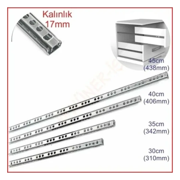 Std 17mm 35cm Teleskopik Ray Çekmece Kızağı Çekmece Rayı 17x342 Takım