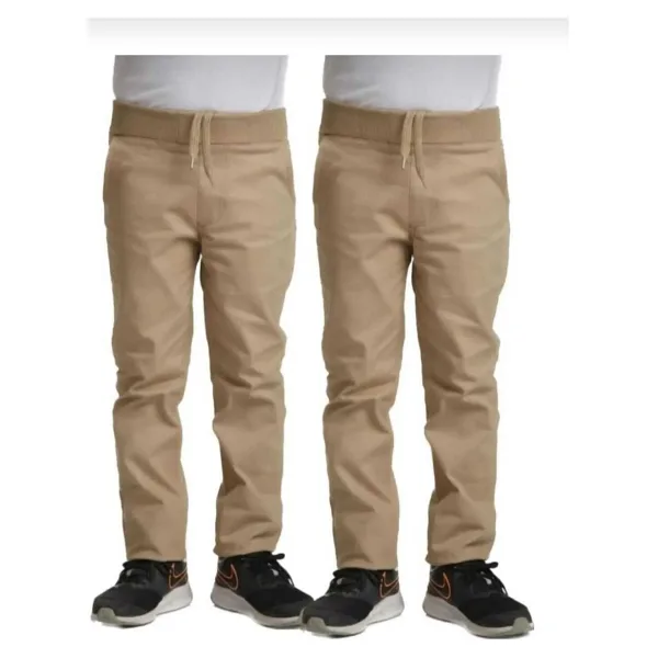 Unisex 2li Çocuk Rahat Kalıp Ribana Bel Canvas Keten Okul Pantolonu 2 Adet - Camel