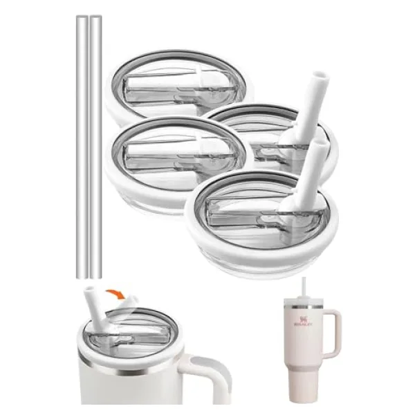 Yenigeldi 2 Adet Flip Pipetli Kapak - Stanley Quencher ile Uyumlu 40 Oz - Sızdırmaz Kapak + 2 Pipet - Beyaz Renk