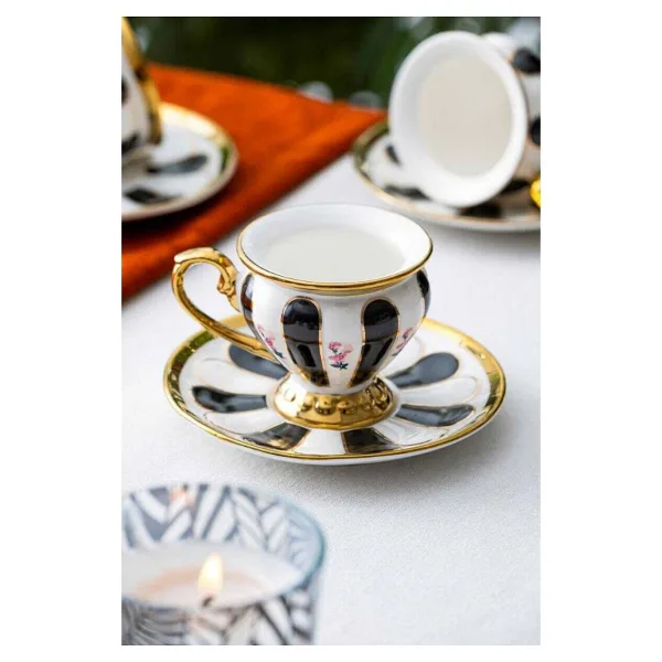 Acar Scarlet Çiçek Desen Gold Yaldız 90 ml 6 Kişilik Porselen Kahve Fincanı Takımı 0195