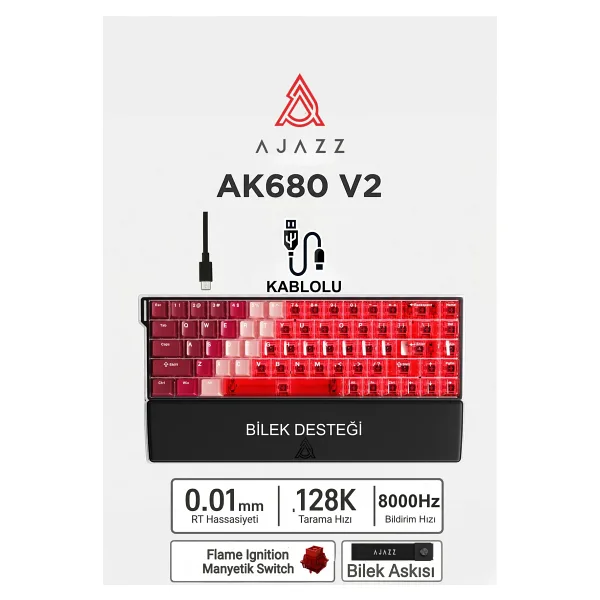Ajazz AK680 V2 Transparent Upgraded Version Kırmızı RGB %68 TKL Bingwu Switch Kablolu Mekanik Oyuncu Klavyesi