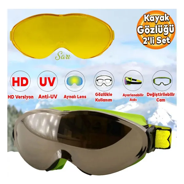 Badem10 Kayak Gözlüğü Değiştirebilir Camlı Güneş Kar Gözlük Gümüş Snowboard Glasses Gözlük+1 Adet Yedek Cam (Sarı) - Standart