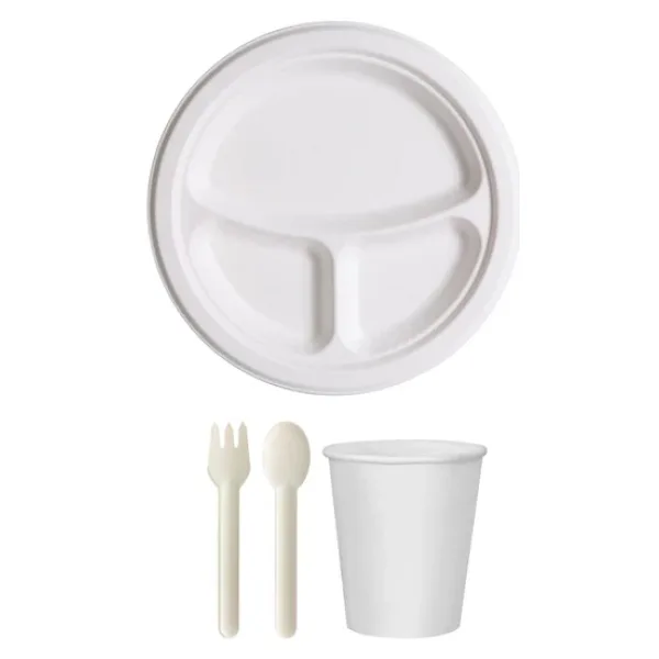 Ekolojik 26 Cm. 3 Bölmeli 48 Kişilik Parti Piknik Sofra Sunum Seti -Tabak Bardak Çatal Kaşık Takımı