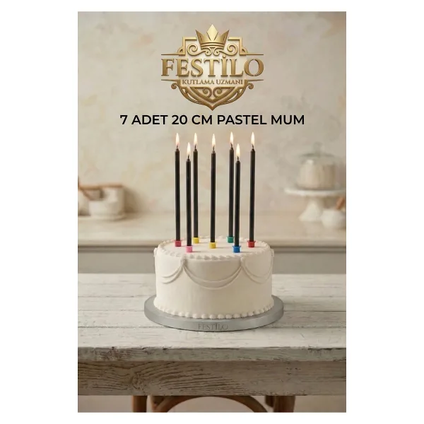 FESTİLO 7'Li Uzun Mum 20 Cm Pasta Mumu Siyah Pastel Renk Parti Malzemeleri Doğum Günü Süsleri